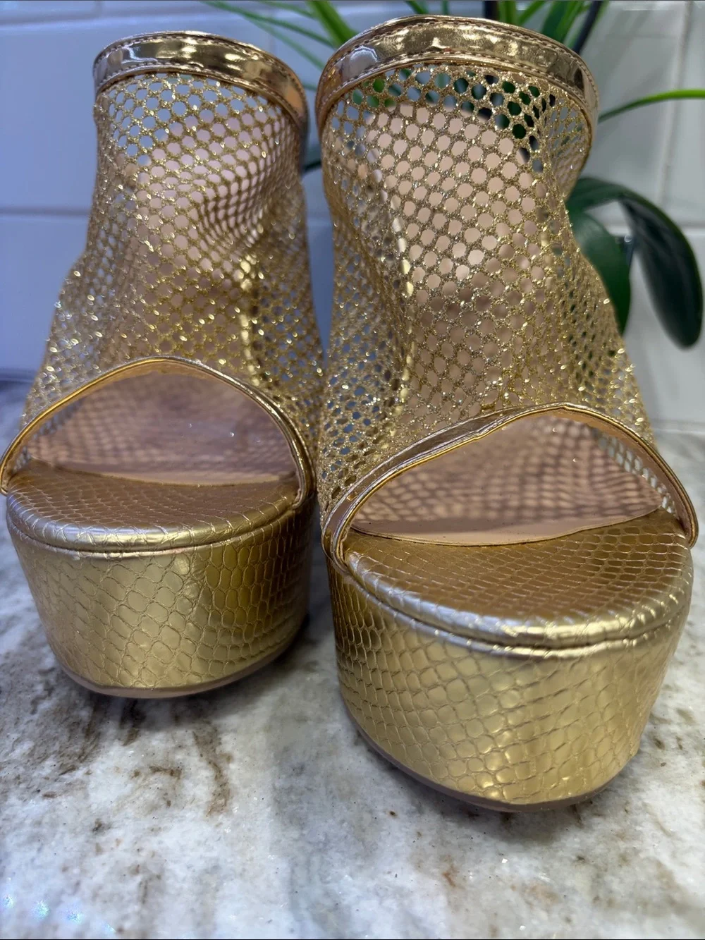 Gold Wedge Sandals - Party, costume, festival, Metallic Slides size 7